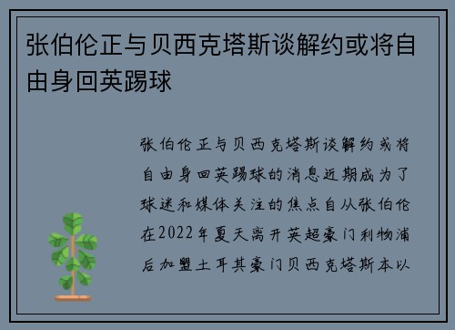 张伯伦正与贝西克塔斯谈解约或将自由身回英踢球