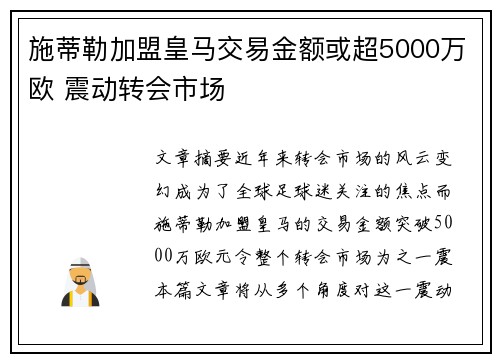 施蒂勒加盟皇马交易金额或超5000万欧 震动转会市场