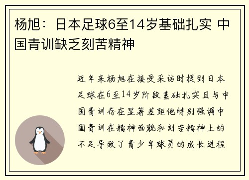 杨旭：日本足球6至14岁基础扎实 中国青训缺乏刻苦精神