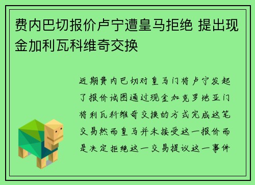 费内巴切报价卢宁遭皇马拒绝 提出现金加利瓦科维奇交换